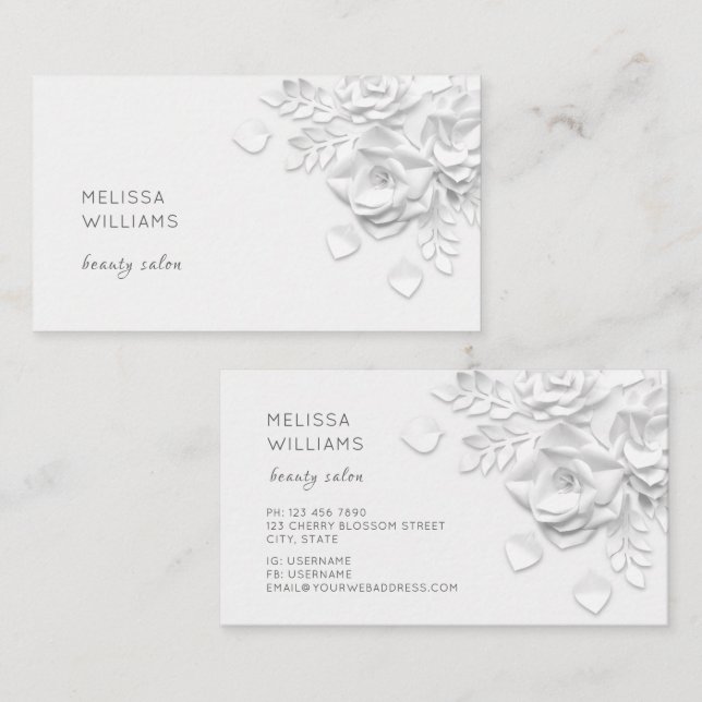 White 3D Simple Flowers Business Card (Front/Back)