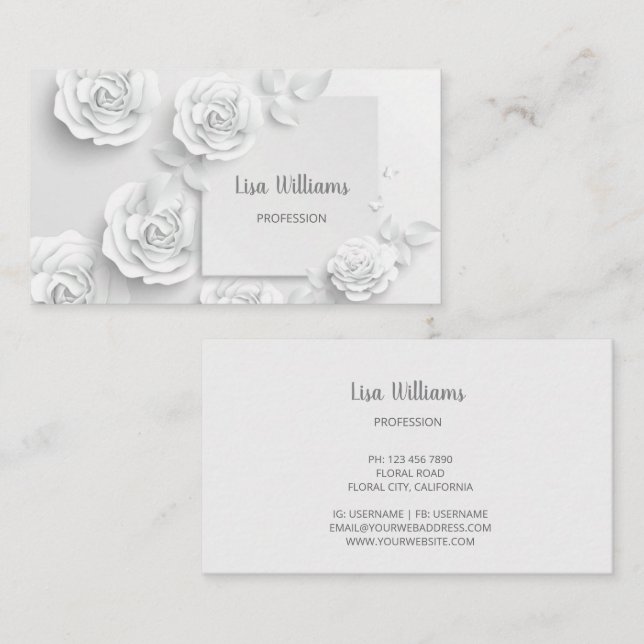 White 3D Simple Flowers Business Card (Front/Back)