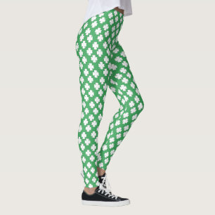 White 4 Leaf Clover Pattern on GREEN Leggings