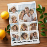 White 9 Photo Square Collage - with script black Tea Towel<br><div class="desc">You can use square or selfie photos for this design. Use eight square photos to create a unique and personal gift. If you need to adjust the pictures,  click on the customise tool to make changes.</div>
