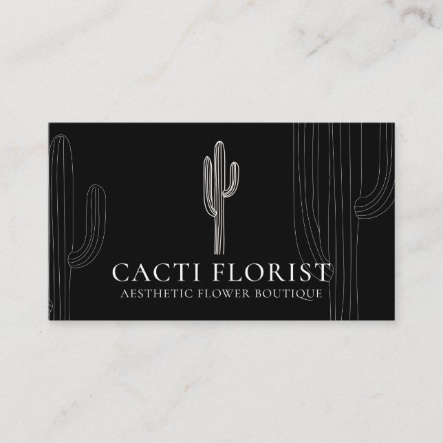 White Abstract Boho Cacti Business Card (Front)