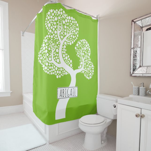 White abstract circle tree and name, lime green shower curtain (In Situ)