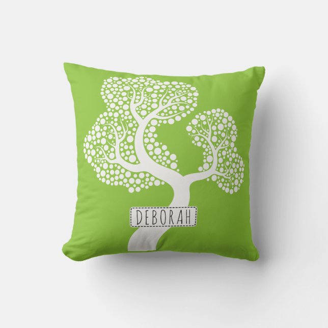 White abstract circle tree and name on lime green cushion (Front)