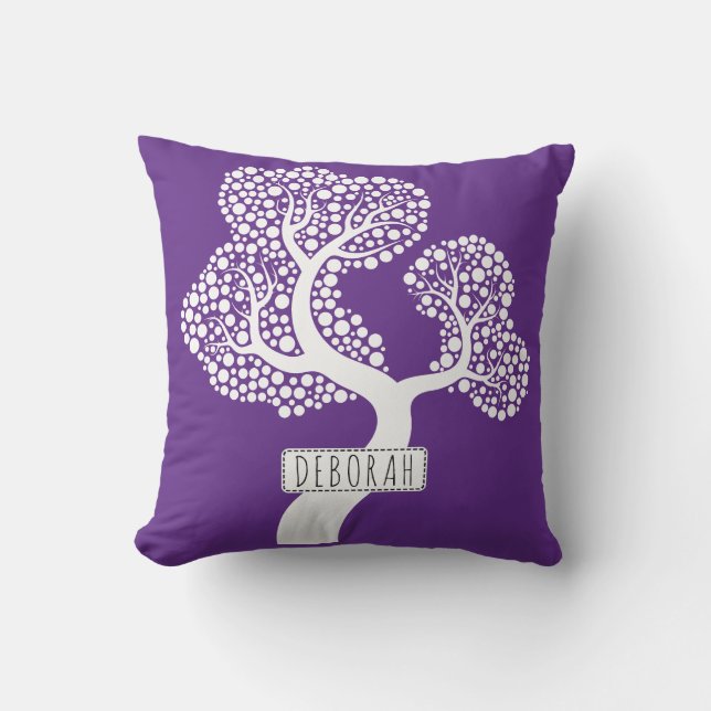 White abstract circle tree and name, royal purple cushion (Front)