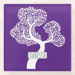 White abstract circle tree and name, royal purple glass coaster