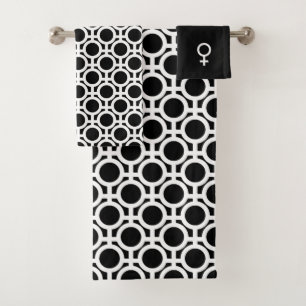 White Abstract Circles and Lines on Black Bath Towel Set
