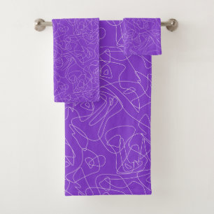 white abstract curved lines on a purple background bath towel set