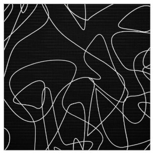 White abstract doodles on dark black background fabric