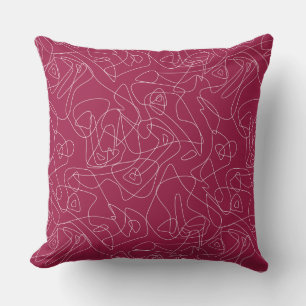 White abstract doodles on dark red background cushion