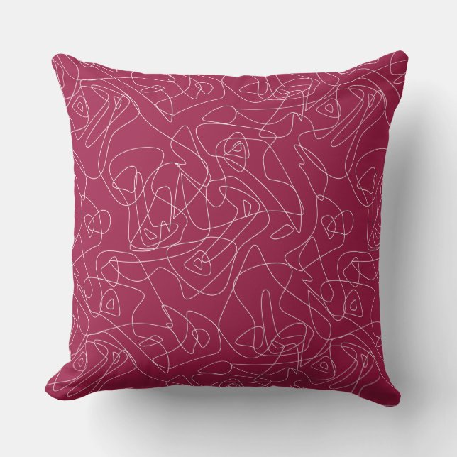 White abstract doodles on dark red background cushion (Front)