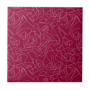 White abstract doodles on dark red background tile