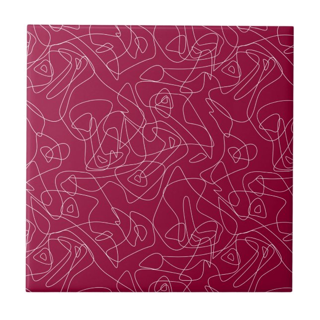 White abstract doodles on dark red background tile (Front)
