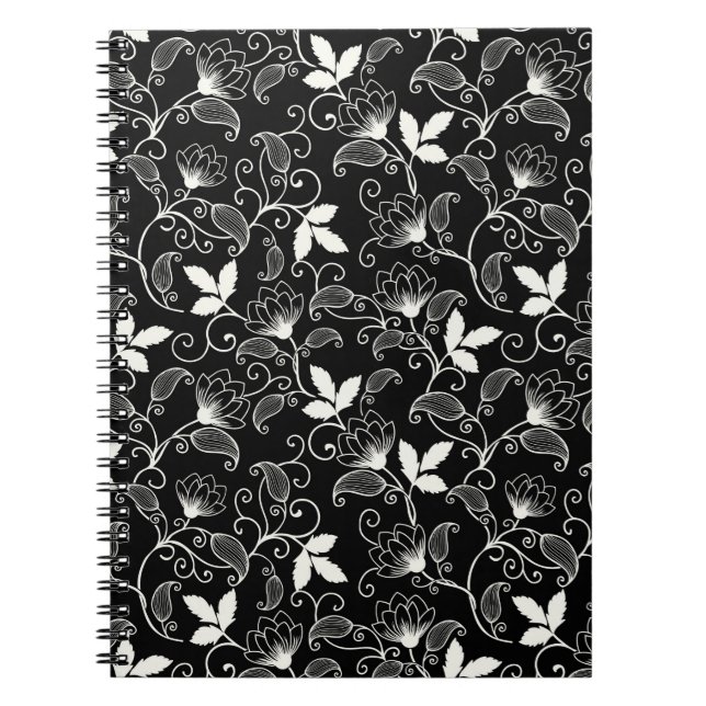 White Abstract Floral on Black Background Notebook (Front)