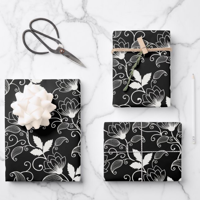 White Abstract Floral on Black Background Wrapping Paper Sheet (Front)