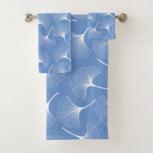 White abstract leaves on blue background bath towel set