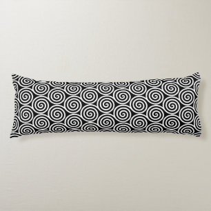 White Abstract Spiral Circles on Black Body Cushion
