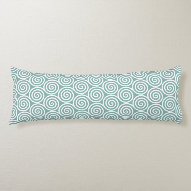 White Abstract Spiral Circles on Teal Body Cushion (Front)