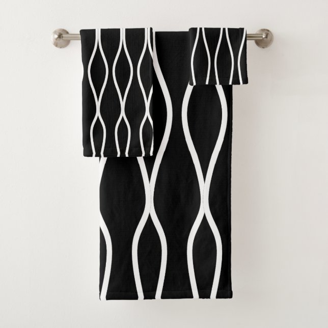 White Abstract Wavy Geometric Pattern on Black  Bath Towel Set (Insitu)
