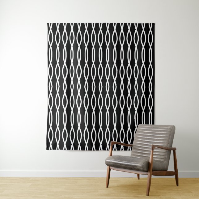 White Abstract Wavy Geometric Pattern on Black Tapestry (In Situ)