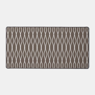 White Abstract Wavy Geometric Pattern on Brown Desk Mat