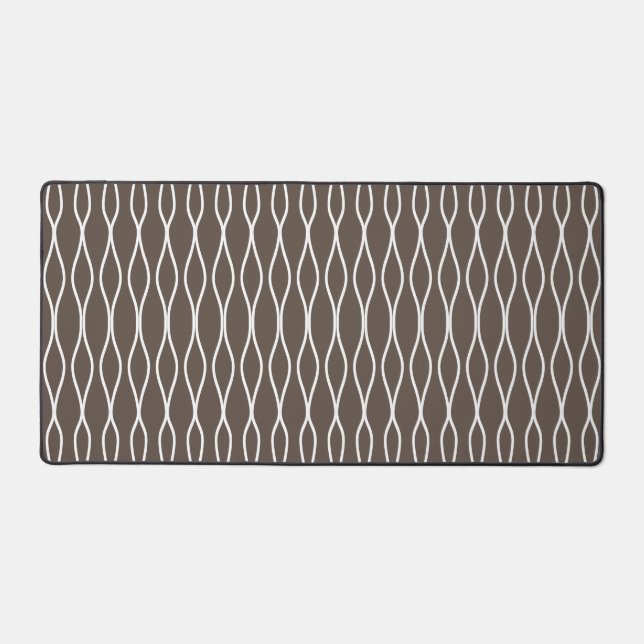 White Abstract Wavy Geometric Pattern on Brown Desk Mat (Front)