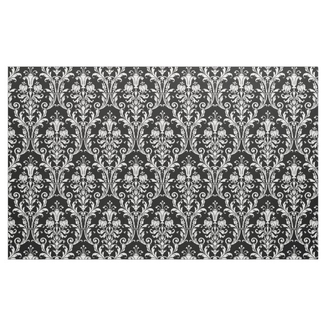 White Acanthus Damask On Black Fabric (Yard)