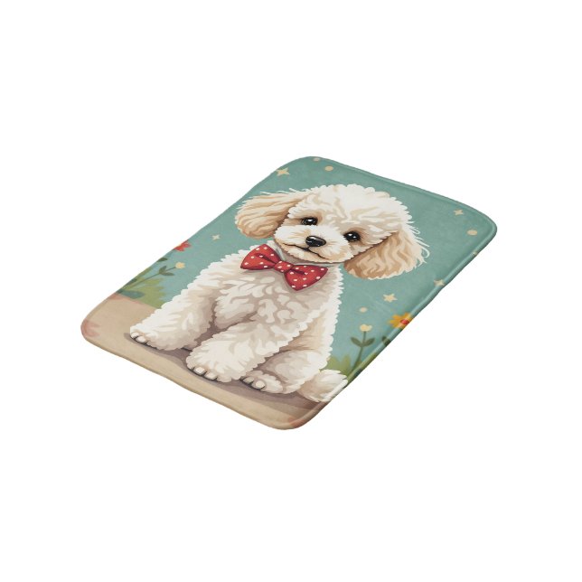 White adorable poodle with bow tie bath mat (Angled)
