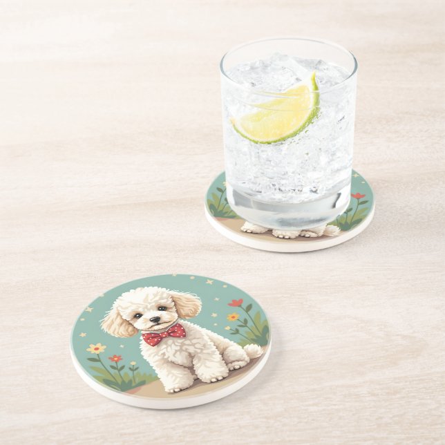White adorable poodle with bow tie coaster (Side)