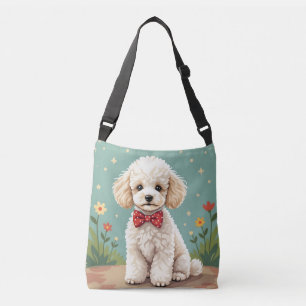 White adorable poodle with bow tie crossbody bag
