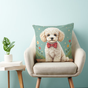 White adorable poodle with bow tie cushion