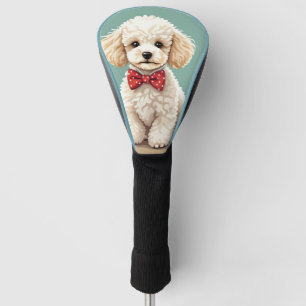 White adorable poodle with bow tie golf head cover