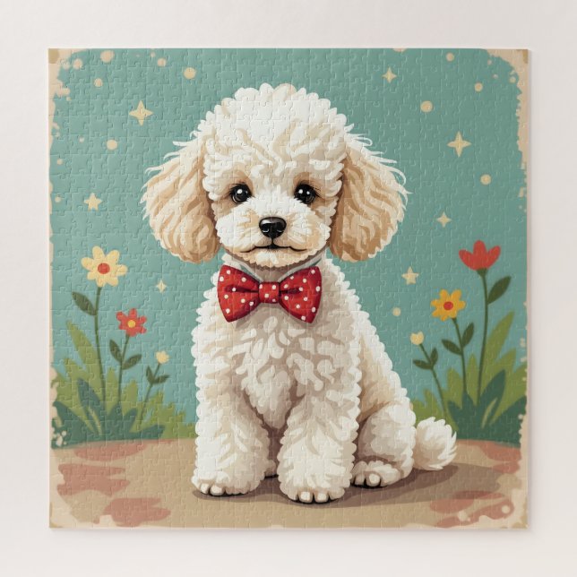 White adorable poodle with bow tie jigsaw puzzle (Vertical)