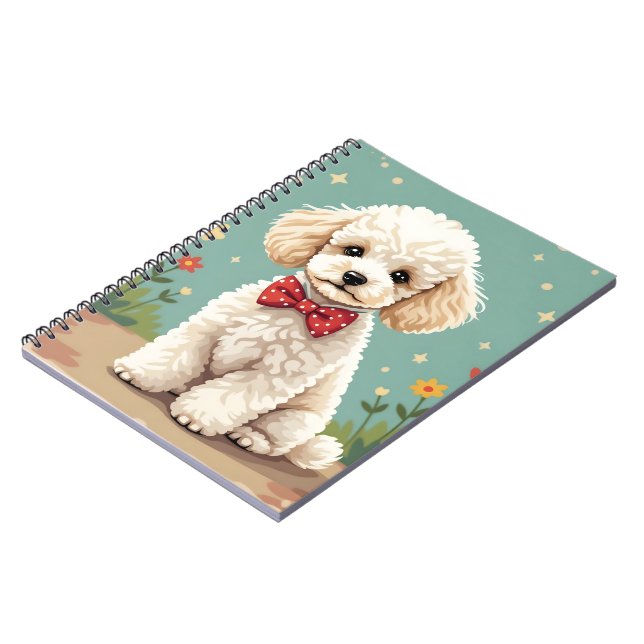 White adorable poodle with bow tie notebook (Left Side)