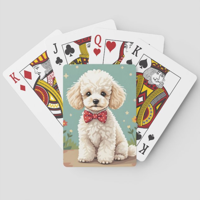 White adorable poodle with bow tie playing cards (Back)