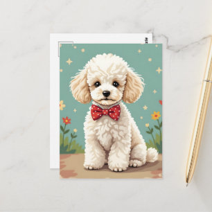 White adorable poodle with bow tie postcard
