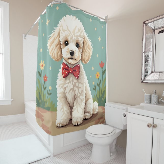 White adorable poodle with bow tie shower curtain (In Situ)