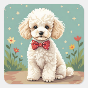 White adorable poodle with bow tie square sticker