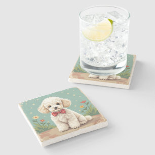 White adorable poodle with bow tie stone coaster