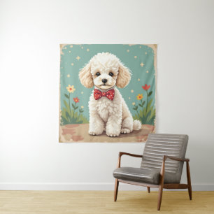 White adorable poodle with bow tie tapestry