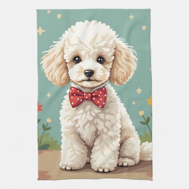 White adorable poodle with bow tie tea towel (Vertical)