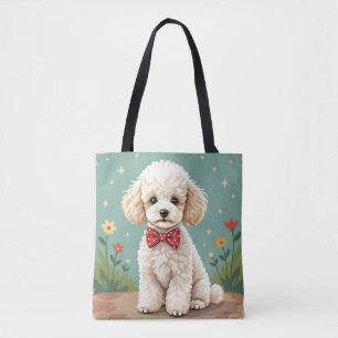 White adorable poodle with bow tie tote bag