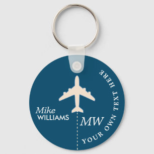 White Aeroplane on Blue Keychain with Name