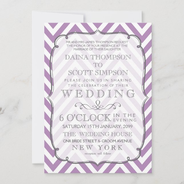 White & African Violet Chevron Stripes Wedding Invitation (Front)