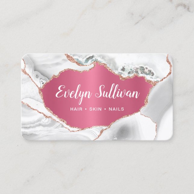 White Agate Faux Pink Foil business card (Front)