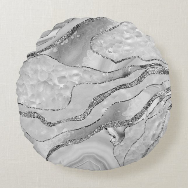 White Agate Silver Glitter Glam #1 (Faux Glitter)  Round Cushion (Front)