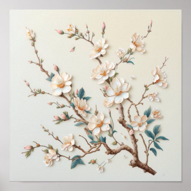 White Almond Blossoms Flower Art Print Poster (Front)