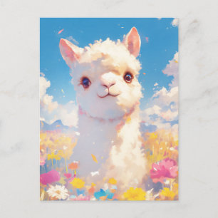 White Alpaca in Colourful Wildflower Field Postcard
