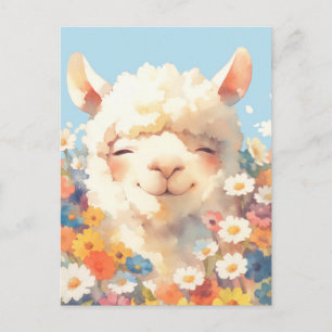 White Alpaca in Colourful Wildflower Garden Postcard