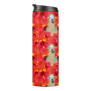 White Alpaca With Red Hibiscus Flowers, Tumbler