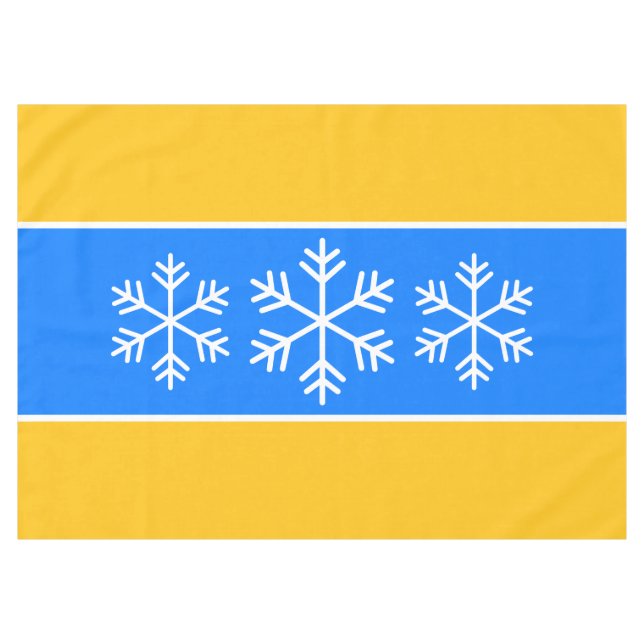 White Alpine Snowflakes Bright Blue Yellow Stripes Tablecloth (Front (Horizontal))